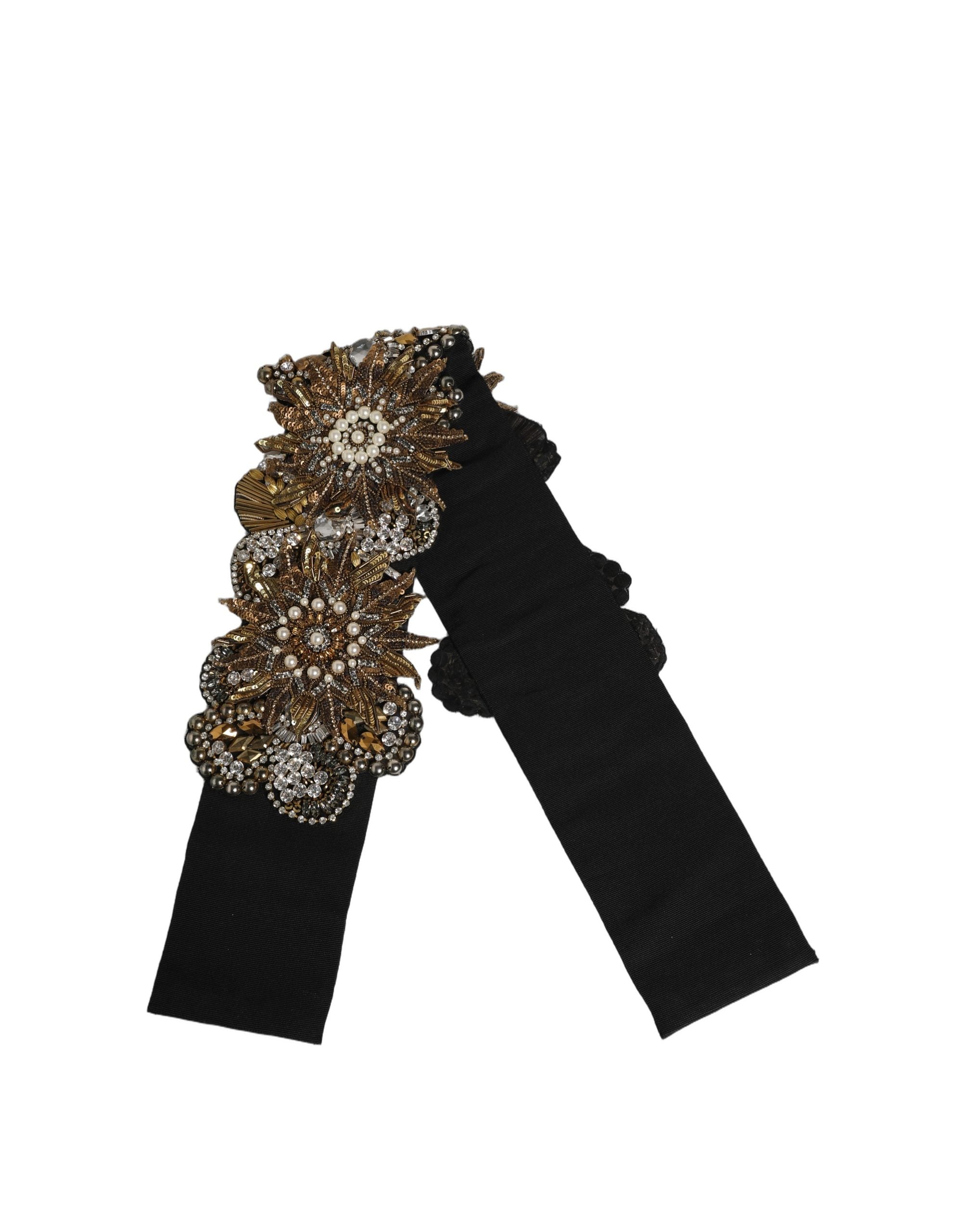 Dolce & Gabbana Black Gold Tone Crystal Brass Flower Brooches Belt - view 5