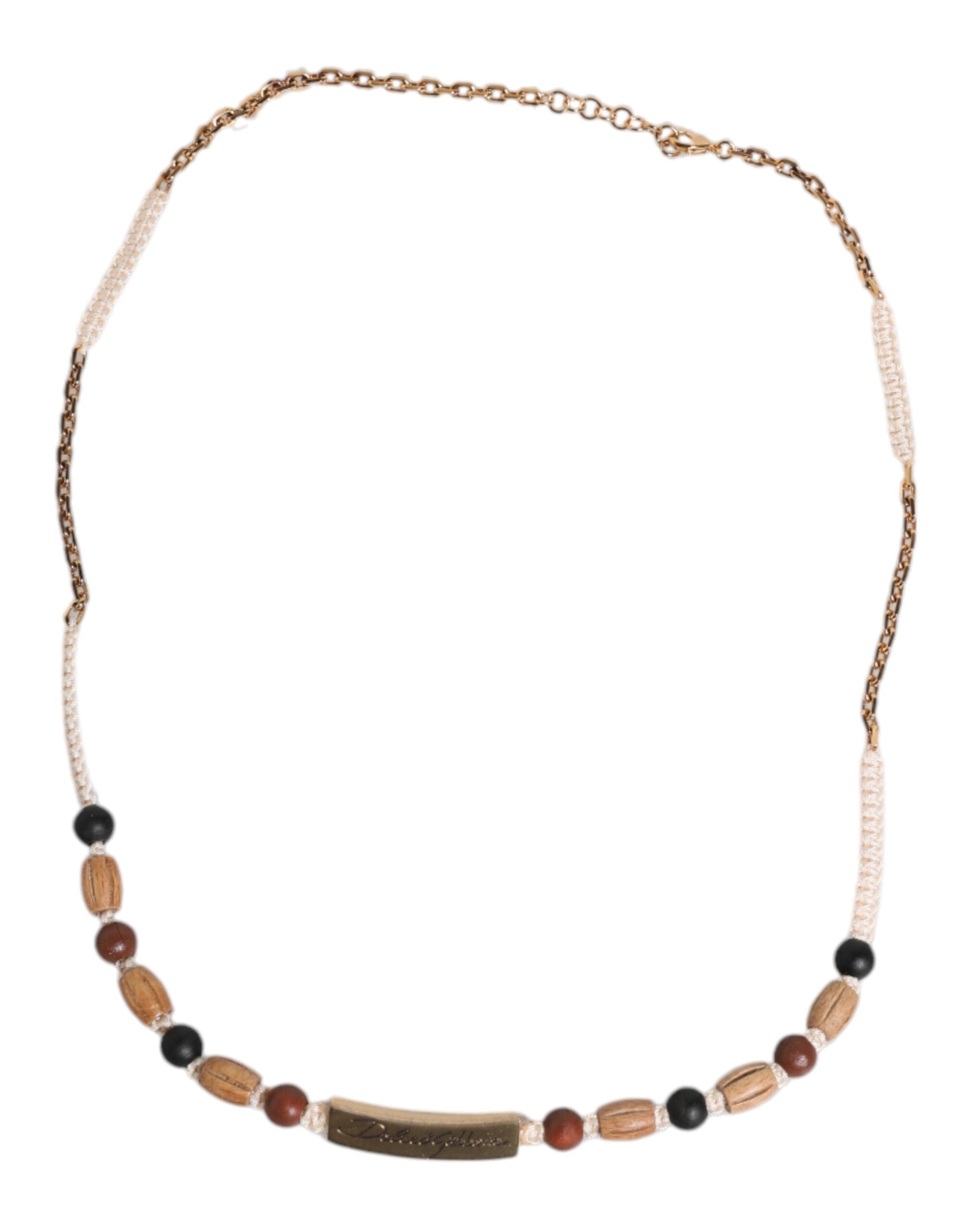 Dolce & Gabbana Black Gold Wooden Beaded Logo Pendant Necklace - YSONA