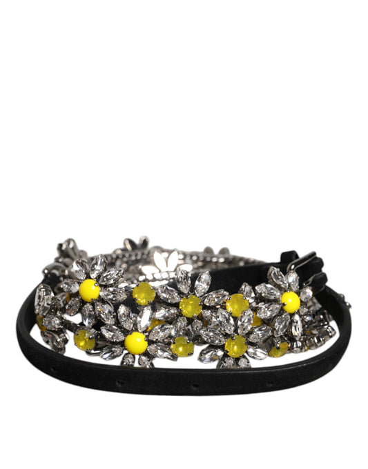 Dolce & Gabbana Black Leather Daisy Crystal Embellish Waist Belt - YSONA