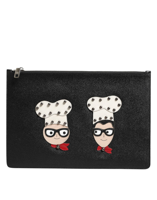 Dolce & Gabbana Black Leather #DGFAMILY Embellished Men Clutch Pouch Bag - YSONA