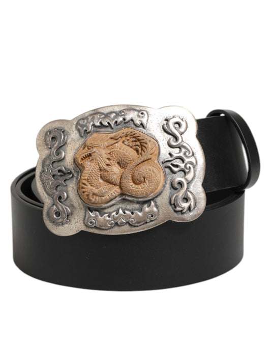 Dolce & Gabbana Black Leather Gothic Dragon Metal Buckle Belt - YSONA