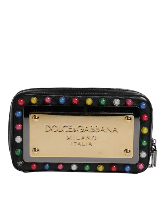 Dolce & Gabbana Black Leather LED Logo Wrist Strap Clutch Bag - YSONA