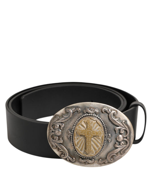 Dolce & Gabbana Black Leather Ornate Metal Buckle Men Belt - YSONA
