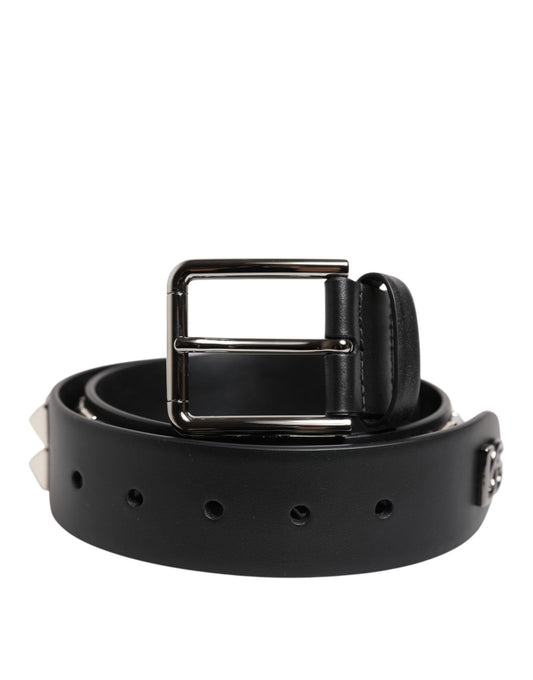 Dolce & Gabbana Black Leather Studded DG Metal Buckle Belt - YSONA