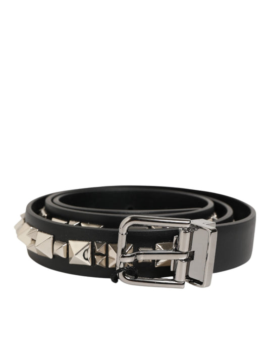 Dolce & Gabbana Black Leather Studded Silver-Tone Buckle Belt - YSONA