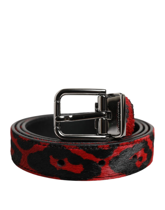 Dolce & Gabbana Black Red Leopard Silver Metal Buckle Belt - YSONA