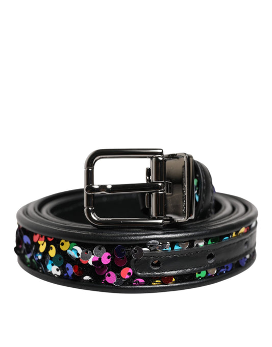 Dolce & Gabbana Black Sequin Embellished Metal Buckle Belt - YSONA