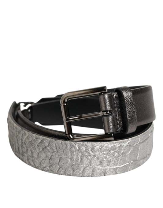 Dolce & Gabbana Black Silver Pebbled Texture Leather Buckle Men Belt - YSONA