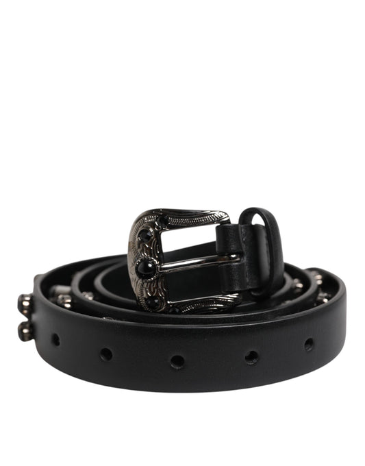 Dolce & Gabbana Black Studded Leather Metal Logo Buckle Belt - YSONA
