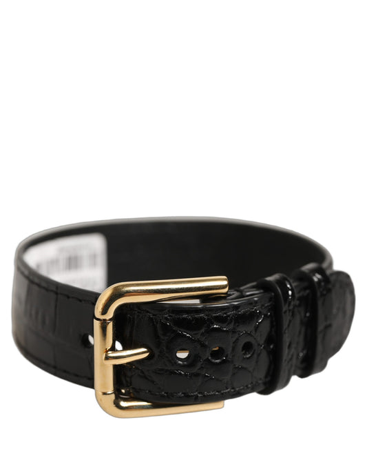 Dolce & Gabbana Black Textured Leather Gold Buckle Belt Strap Bracelet - YSONA
