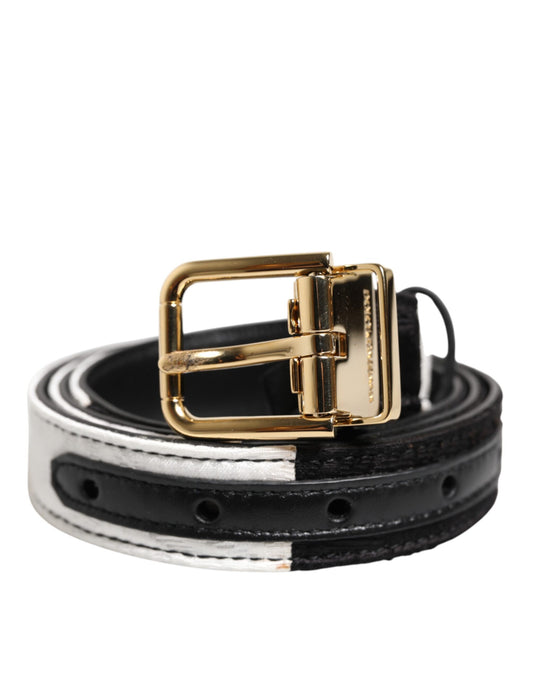 Dolce & Gabbana Black White Patchwork Gold Metal Buckle Belt - YSONA