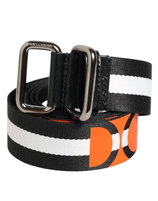Dolce & Gabbana Black White Striped Logo Metal Buckle Belt - YSONA