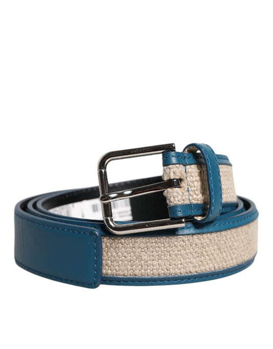 Dolce & Gabbana Blue Beige Leather Weaved Metal Buckle Belt - YSONA