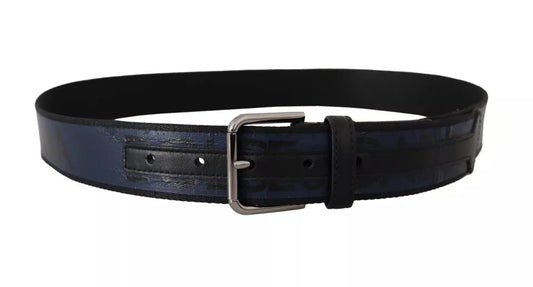 Dolce & Gabbana Blue Black Logo Print Silver Buckle Belt - YSONA