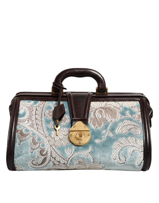Dolce & Gabbana Blue Brown Leather Floral Jacquard Travel Handbag Bag - YSONA