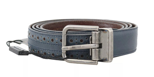 Dolce & Gabbana Blue Perforated Leather Gray Buckle Belt - YSONA