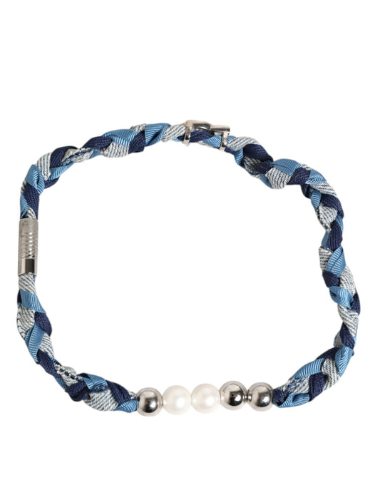 Dolce & Gabbana Blue White Braided Silver Metal Logo Beaded Men Bracelet - YSONA