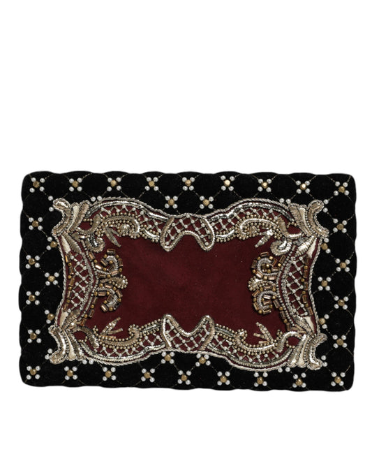 Dolce & Gabbana Bordeaux Black Velvet Gold Frame Clutch Evening Purse Bag - YSONA