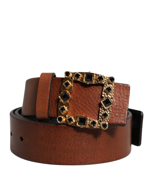 Dolce & Gabbana Brown Leather Gold Crystal Buckle Belt - YSONA
