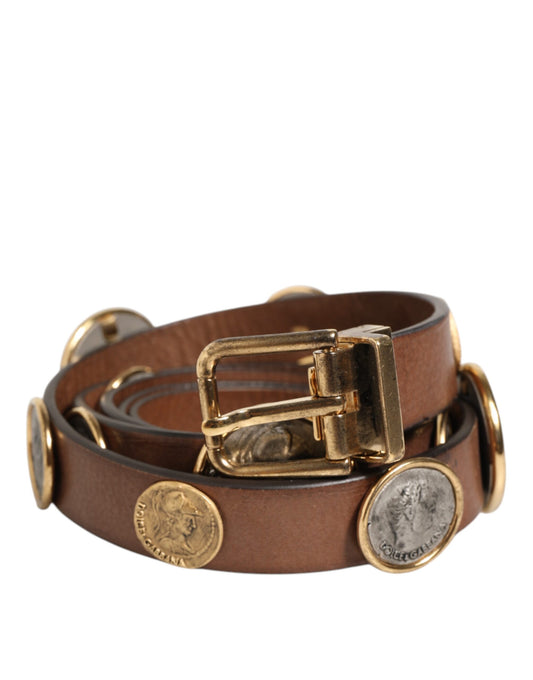 Dolce & Gabbana Brown Leather Gold Silver Coin Buckle Belt - YSONA