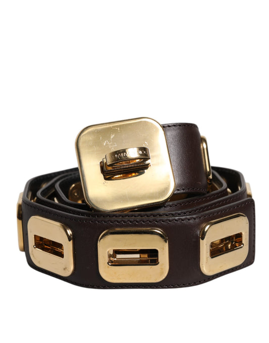 Dolce & Gabbana Dark Brown Leather Gold Rotating Buckle Belt - YSONA