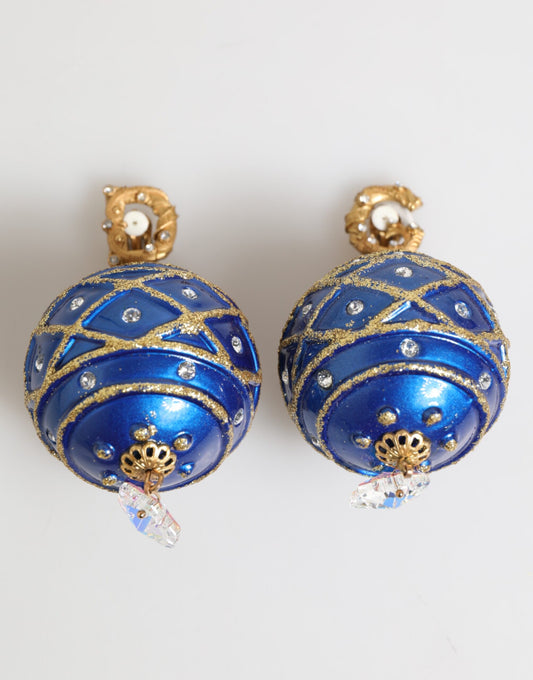 Dolce & Gabbana Gold Brass Blue Christmas Ball Crystal Drop Clip On Earrings - YSONA