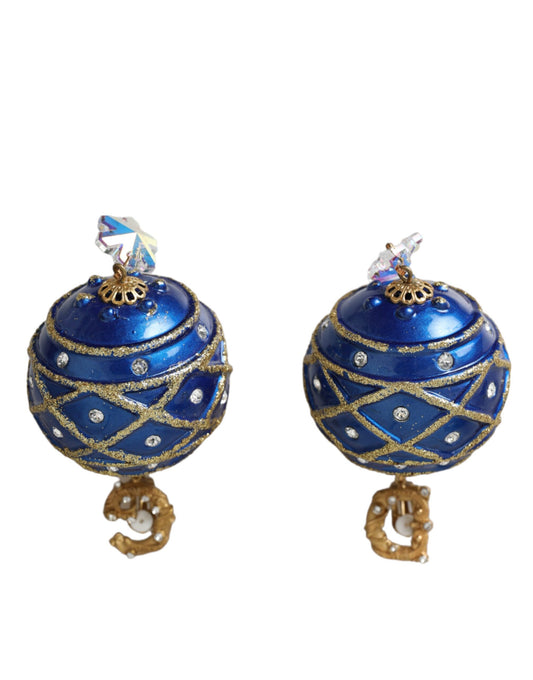 Dolce & Gabbana Gold Brass Blue Dangle Christmas Ball Crystal Clip On Earrings - YSONA