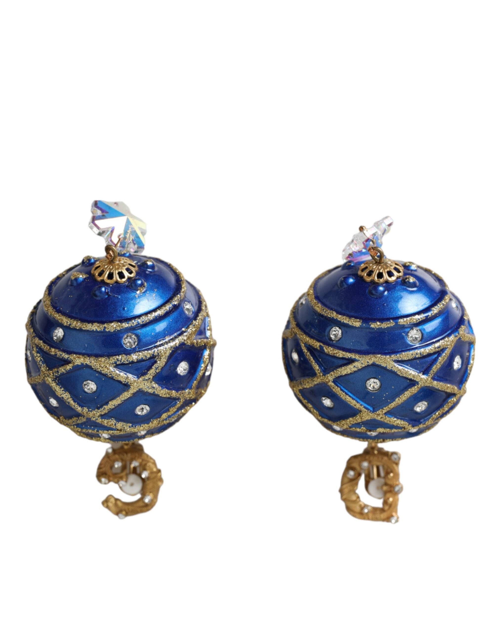 Dolce & Gabbana Gold Brass Blue Dangle Christmas Ball Crystal Clip On Earrings - view 2