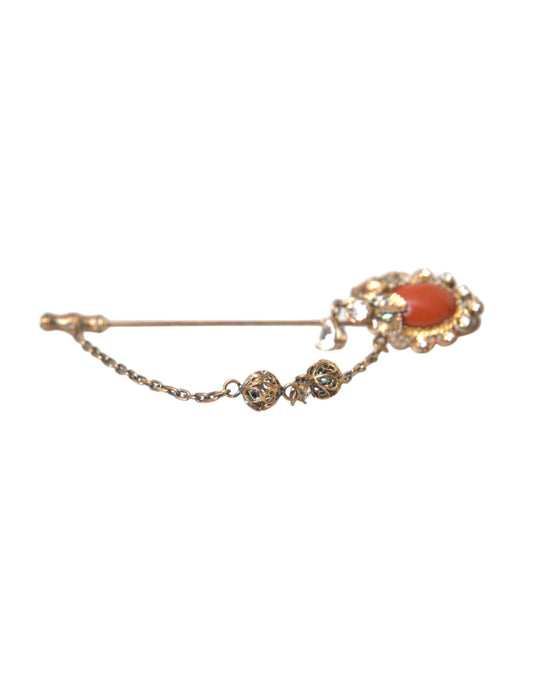 Dolce & Gabbana Gold Brass Crystal Chain 925 Sterling Silver Pin Brooch - YSONA