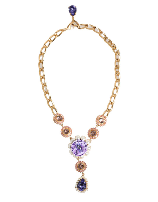 Dolce & Gabbana Gold Brass Crystal Pearl Purple Floral Pendant Jewelry Necklace - YSONA