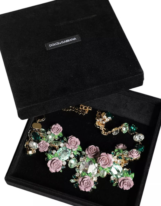 Dolce & Gabbana Gold Brass Link Chain Rose Petal Crystal Necklace - YSONA