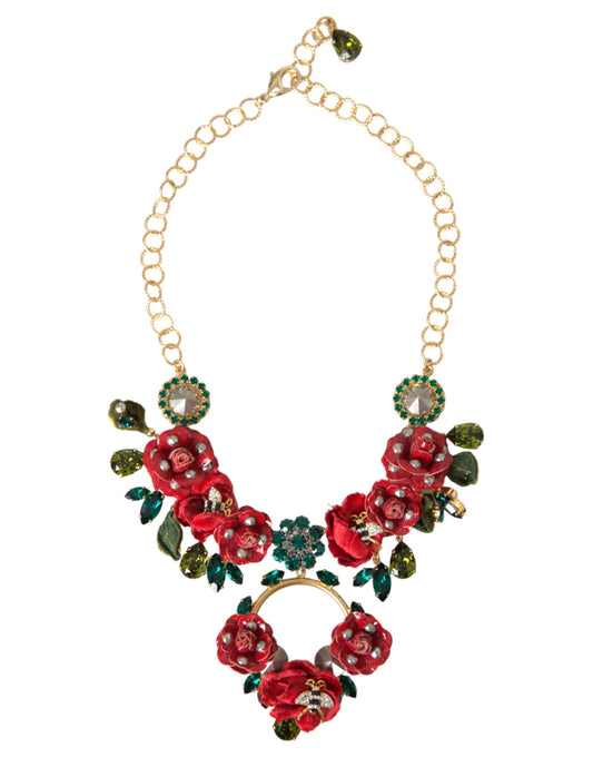 Dolce & Gabbana Gold Brass Link Chain RosePetal Crystal Pendant Necklace - YSONA