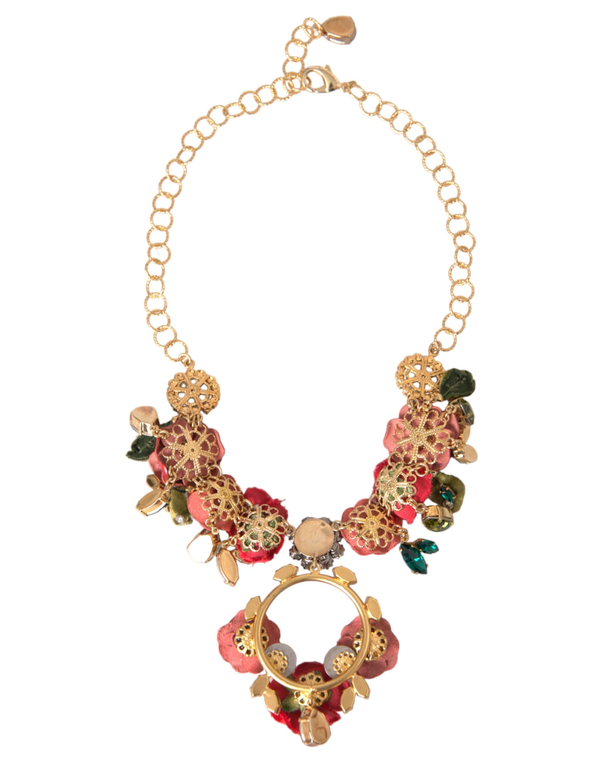 Dolce & Gabbana Gold Brass Link Chain RosePetal Crystal Pendant Necklace - view 5