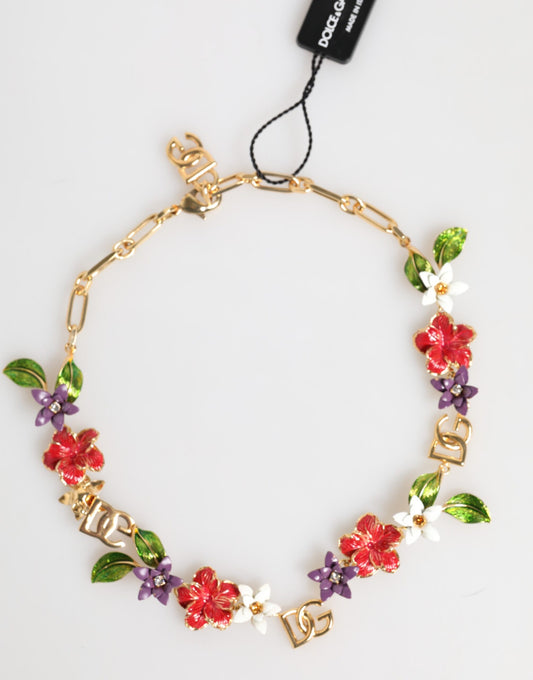 Dolce & Gabbana Gold Brass Logo Detail Floral Fashion Jewelry Necklace - YSONA