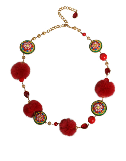 Dolce & Gabbana Gold Brass Red Fur Crystal Waist Torero Belt - YSONA