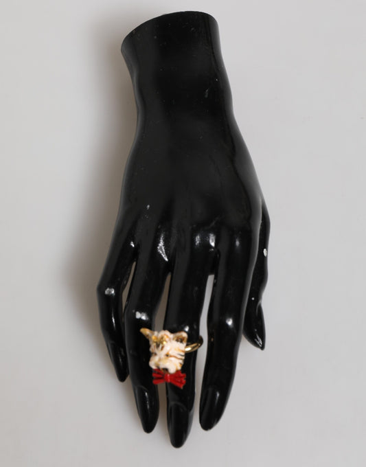 Dolce & Gabbana Gold Brass Resin Beige Dog Pet Accessory Ring - YSONA