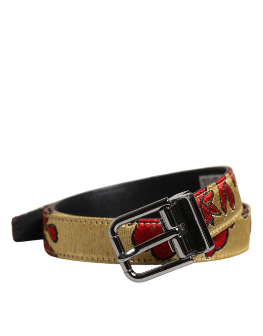 Dolce & Gabbana Gold Floral Jacquard Leather Metal Buckle Belt - YSONA