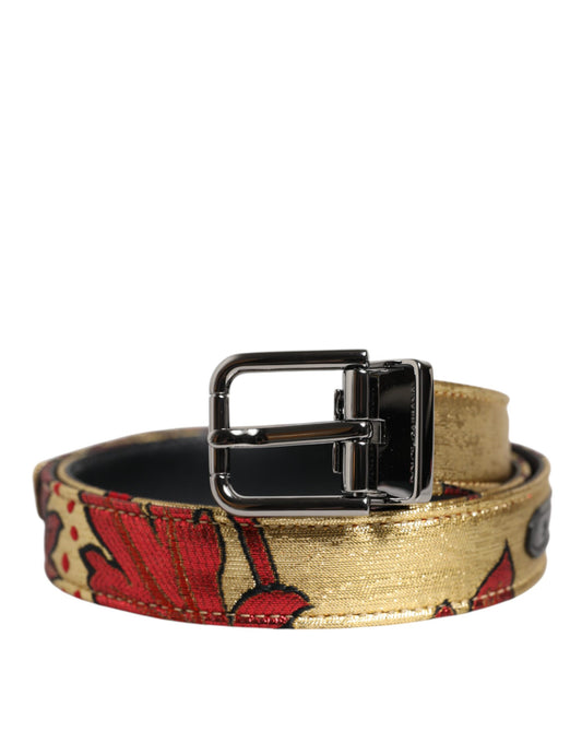 Dolce & Gabbana Gold Floral Jacquard Silver Metal Buckle Belt - YSONA