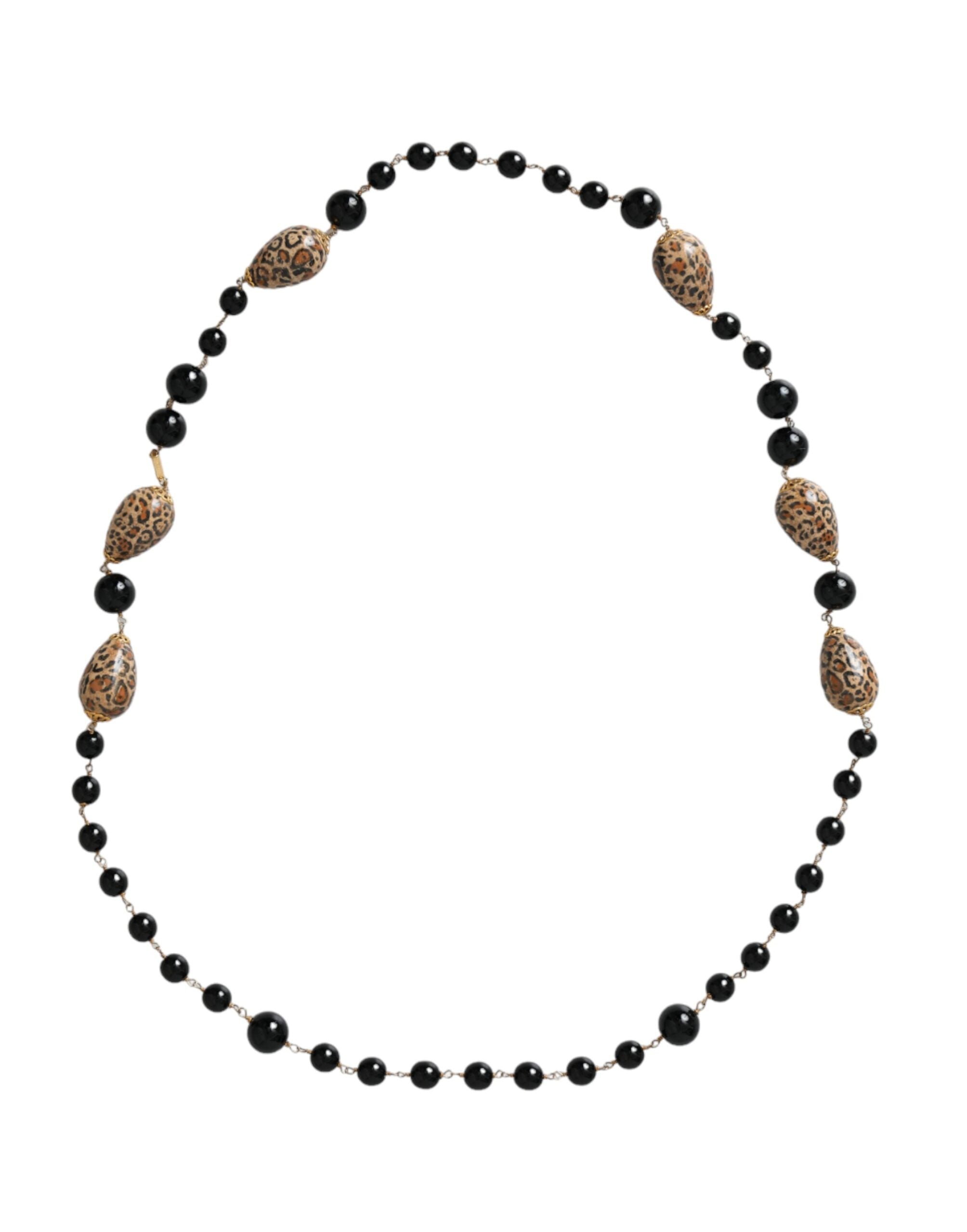 Dolce & Gabbana Gold Tone Brass Black Printed Beaded Long Chain Necklace - YSONA