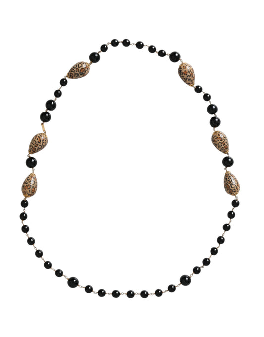 Dolce & Gabbana Gold Tone Brass Black Printed Beaded Long Chain Necklace - YSONA