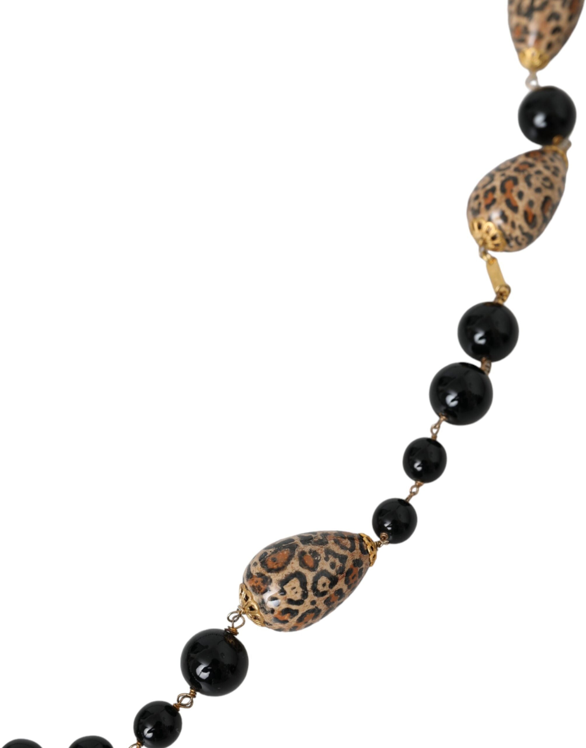 Dolce & Gabbana Gold Tone Brass Black Printed Beaded Long Chain Necklace - view 3