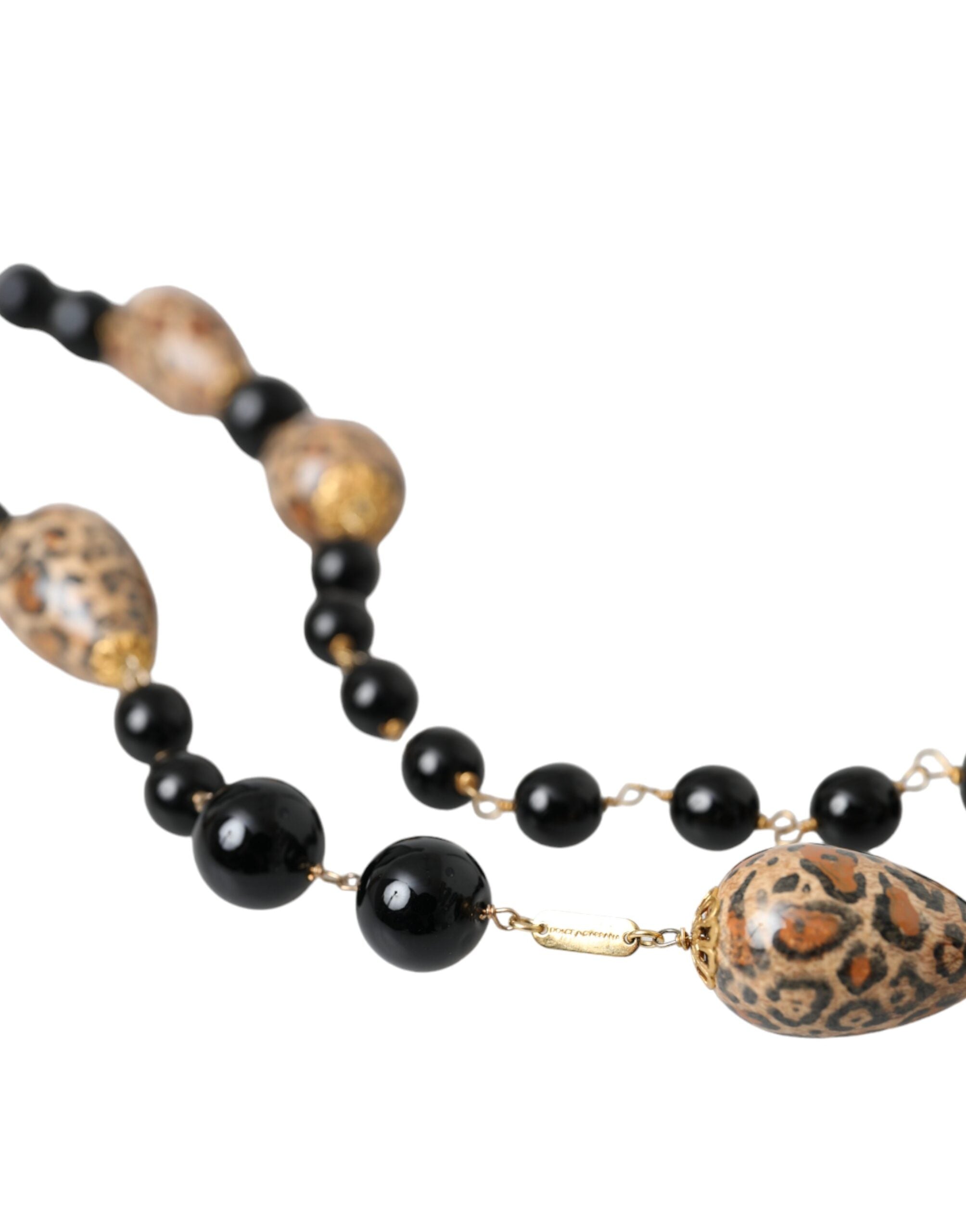 Dolce & Gabbana Gold Tone Brass Black Printed Beaded Long Chain Necklace - view 4