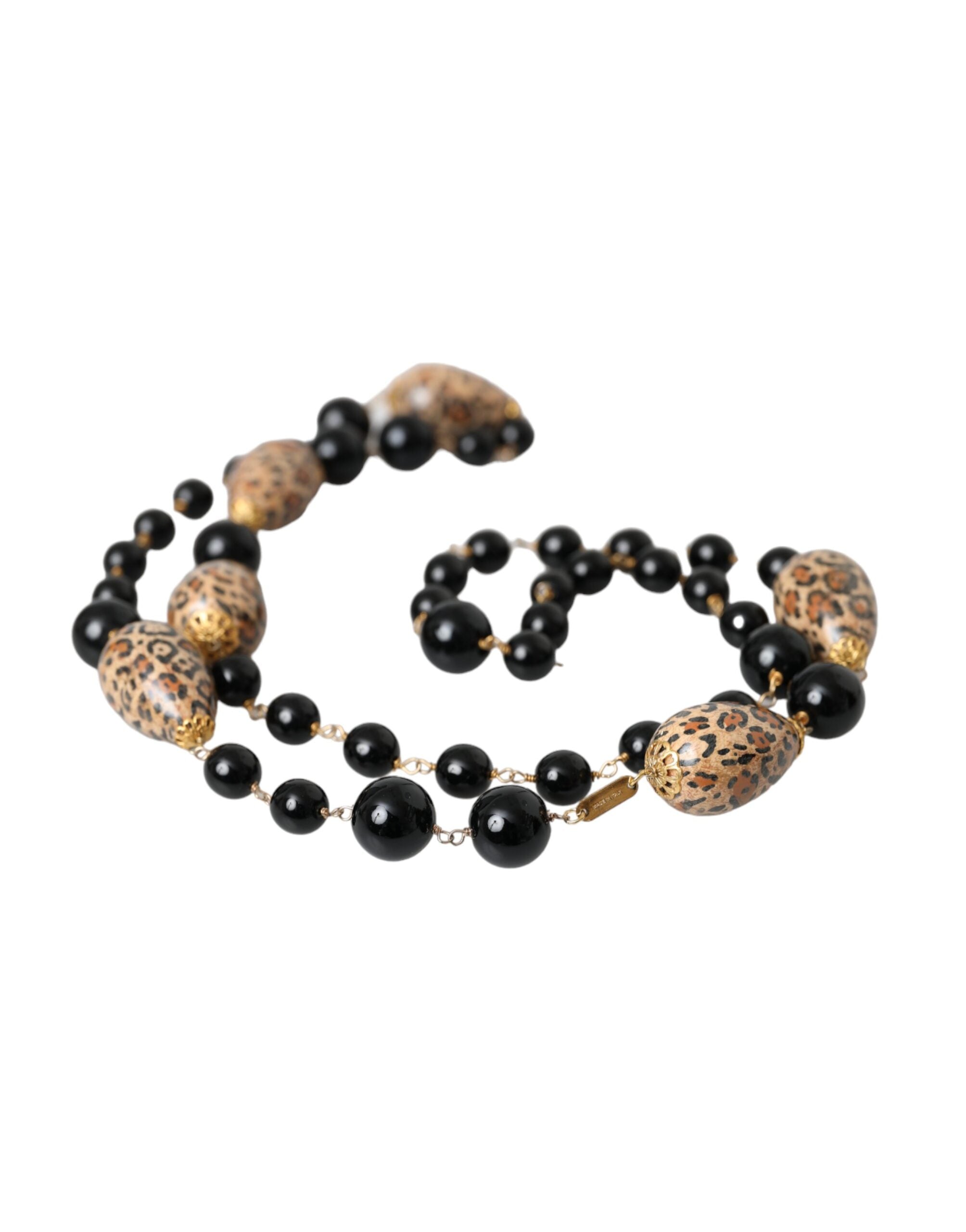 Dolce & Gabbana Gold Tone Brass Black Printed Beaded Long Chain Necklace - view 5