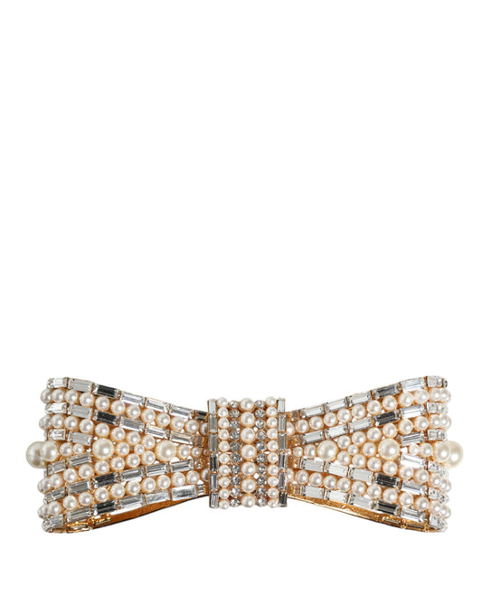Dolce & Gabbana Gold Tone Brass Bow Crystal FauxPearl Embellished Brooch - YSONA