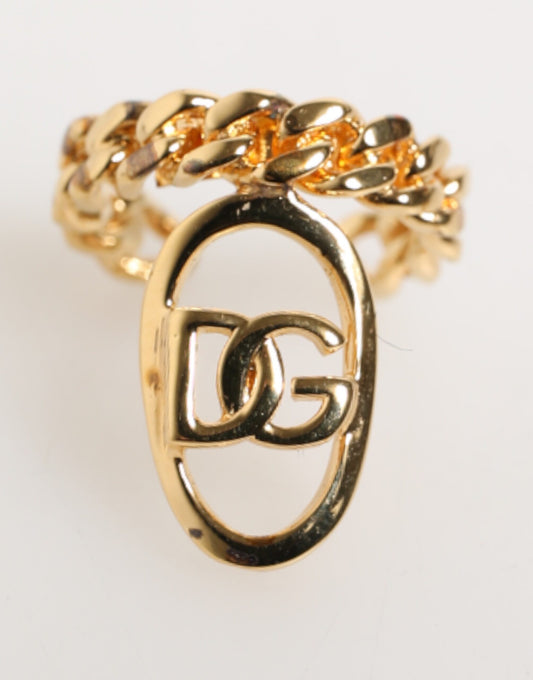 Dolce & Gabbana Gold Tone Brass Oval DG Logo Chain Adjustable Ring - YSONA