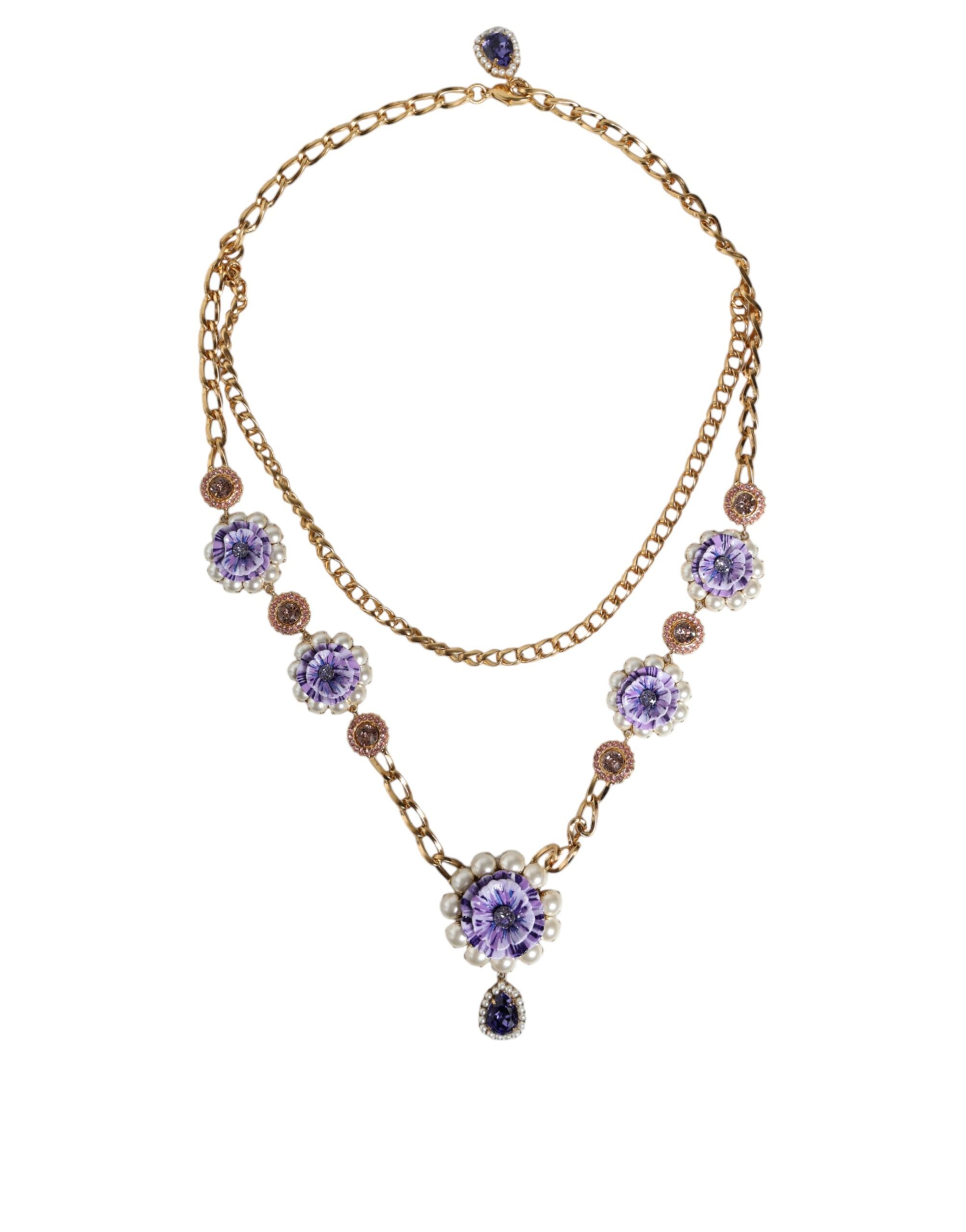Dolce & Gabbana Gold Tone Floral Crystals Embellished Layered Necklace - YSONA