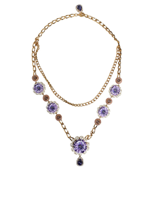 Dolce & Gabbana Gold Tone Floral Crystals Embellished Layered Necklace - YSONA