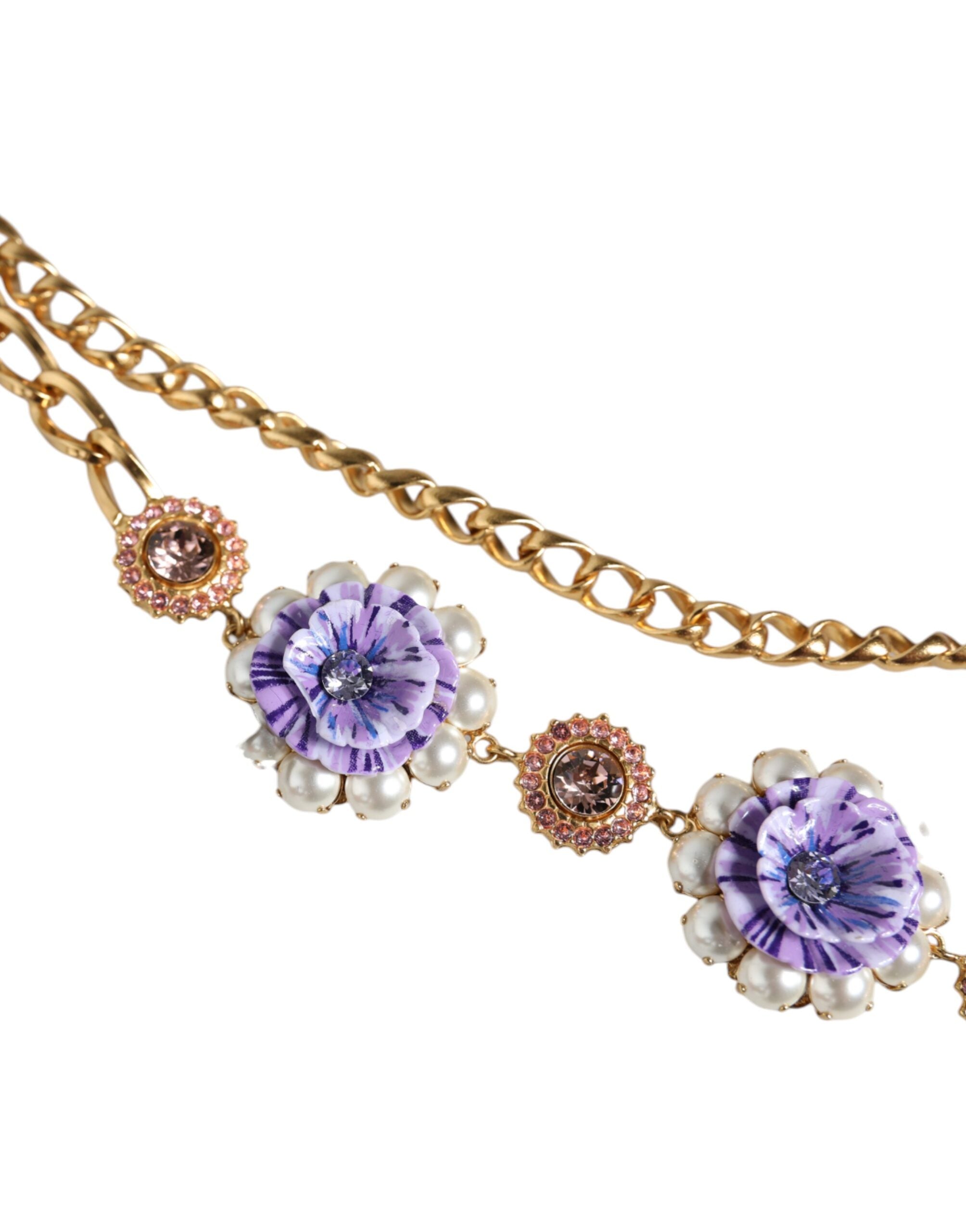 Dolce & Gabbana Gold Tone Floral Crystals Embellished Layered Necklace - view 2