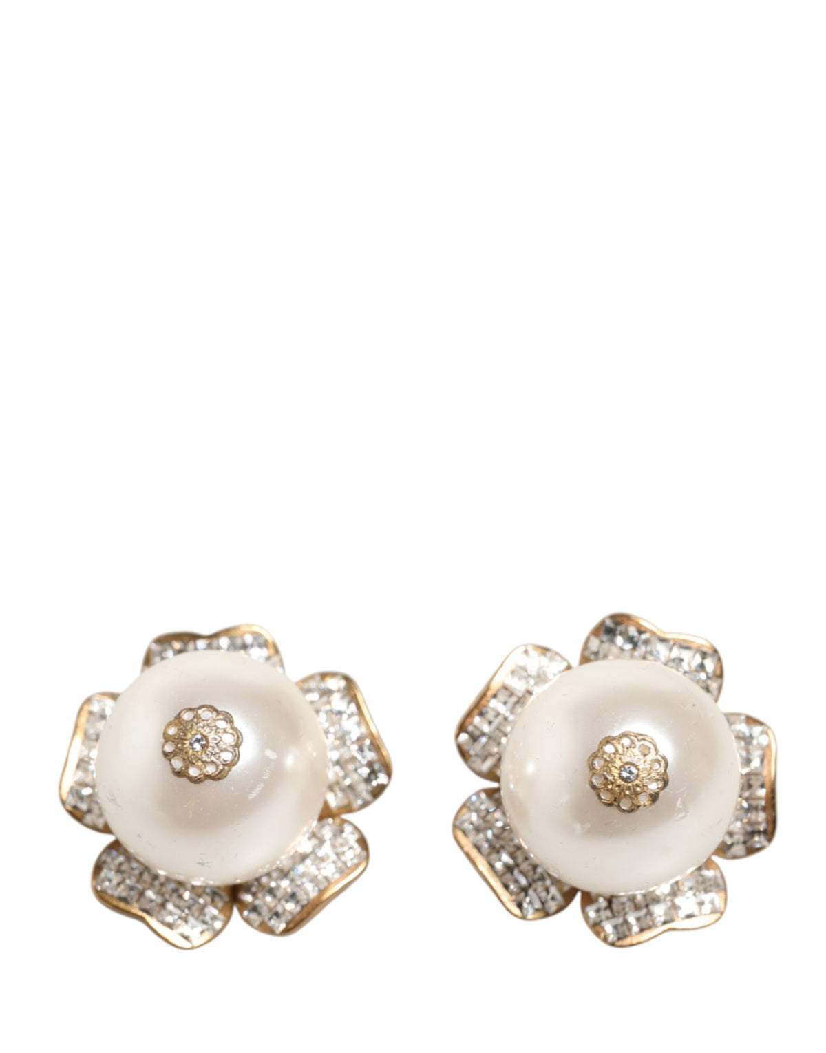 Dolce & Gabbana Gold Tone Maxi Faux Pearl Floral Clip-on Jewelry Earrings - YSONA