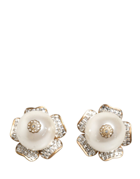 Dolce & Gabbana Gold Tone Maxi Faux Pearl Floral Clip-on Jewelry Earrings - YSONA